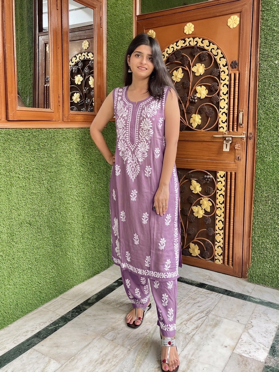 Onion Pink Sleeveless Rayon Chikankari Kurta Pant Set | Lucknow – photo 9