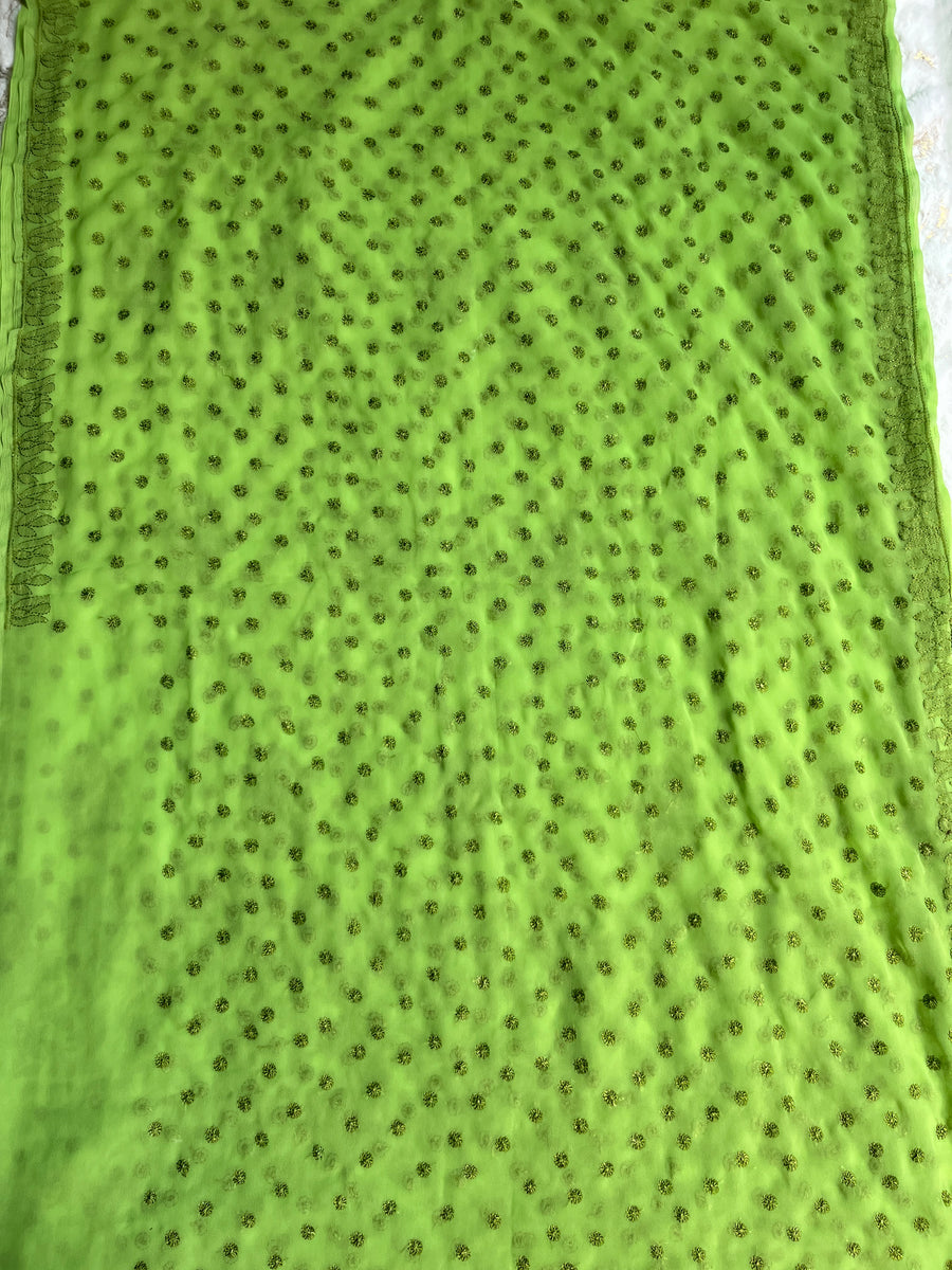 Green Chiffon Chikankari Saree | Lucknowi – photo 3