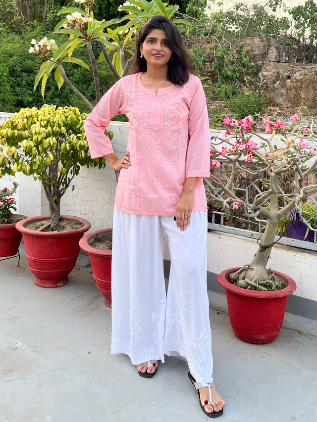Pink Cotton Dobby Chikankari Short Kurti | Lucknowi