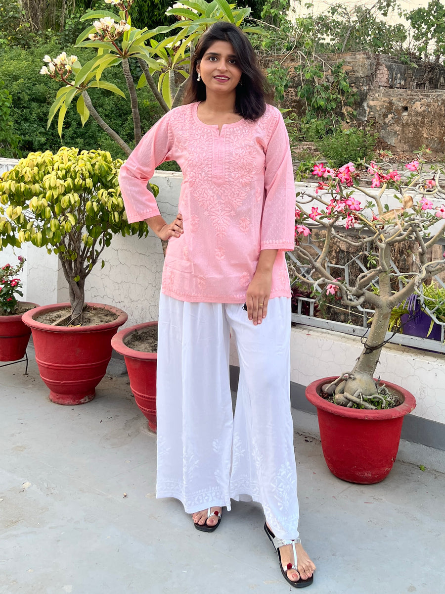 Pink Cotton Dobby Chikankari Short Kurti | Lucknowi