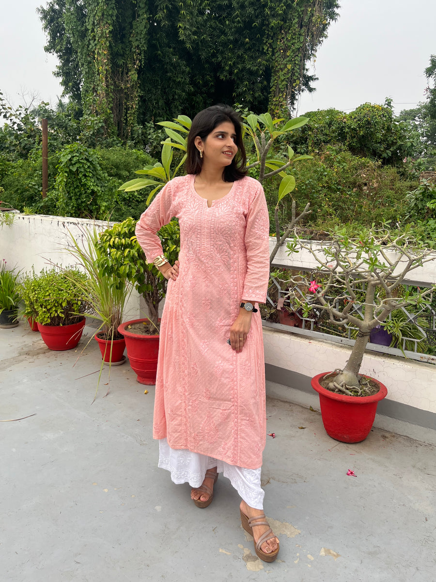Pastel Green Cotton Dobby Chikankari Kurta for Women – photo 8