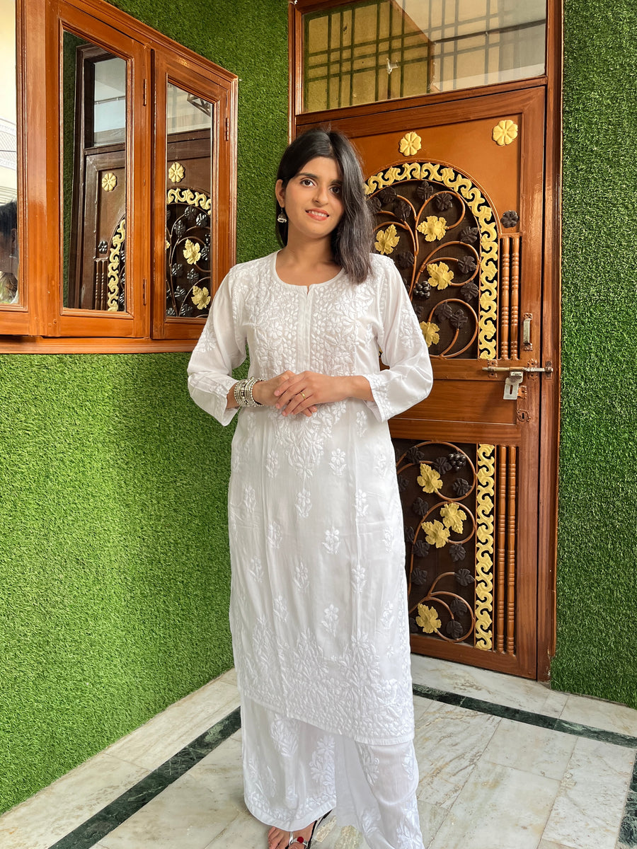 White Modal Chikankari Kurta Palazzo Set | Lucknowi – photo 4
