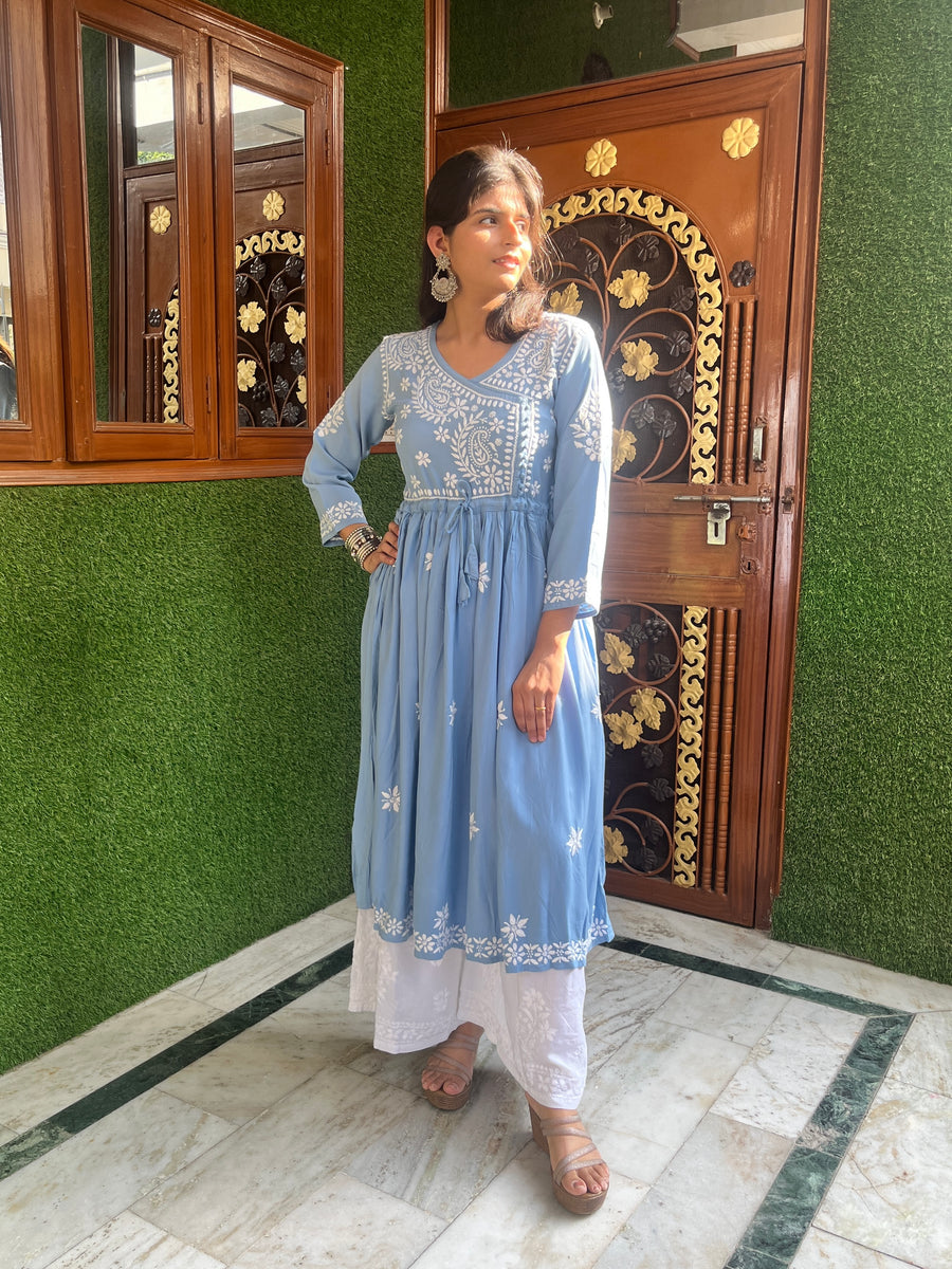 Baby Pink Rayon Chikankari Angarkha Kurti | Lucknowi – photo 2