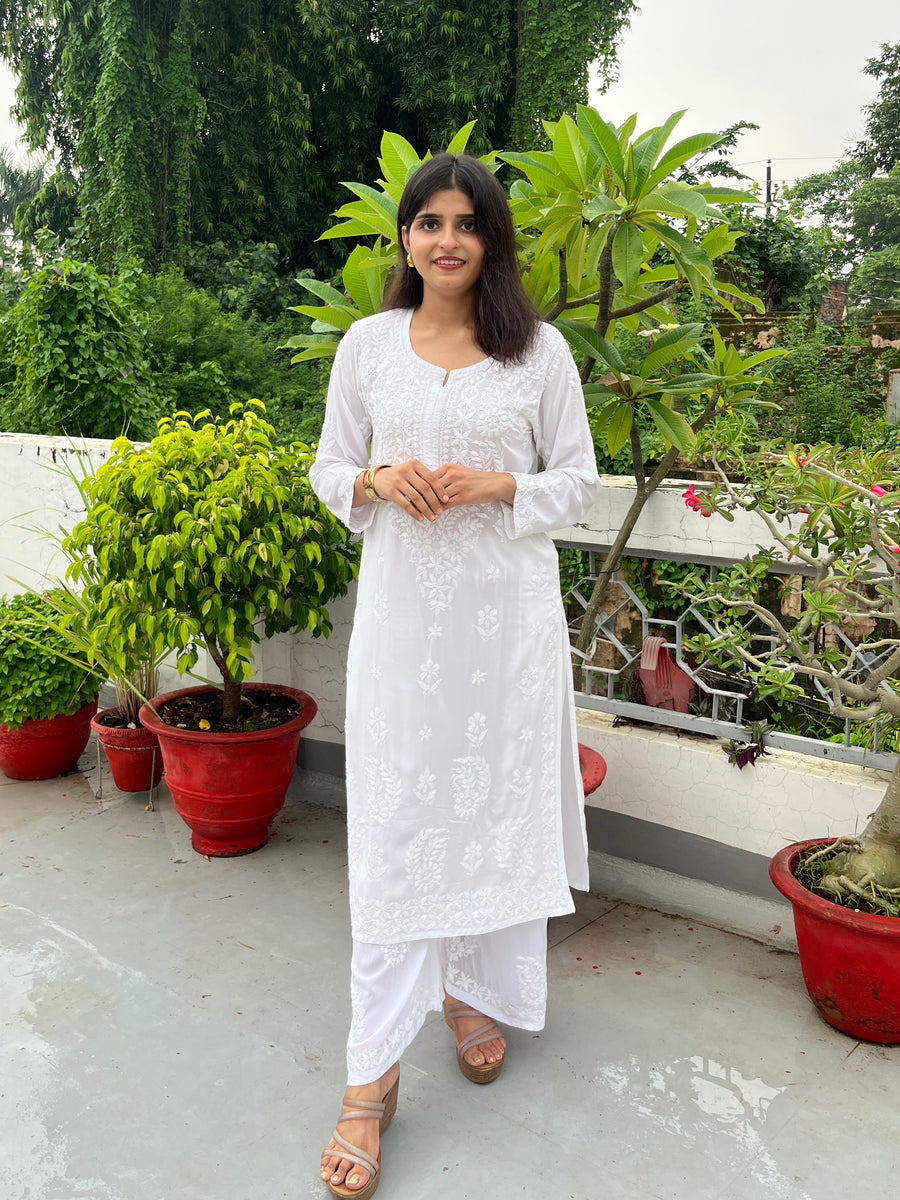 Onion Pink Modal Chikankari Kurta Palazzo Set | Lucknowi – photo 12