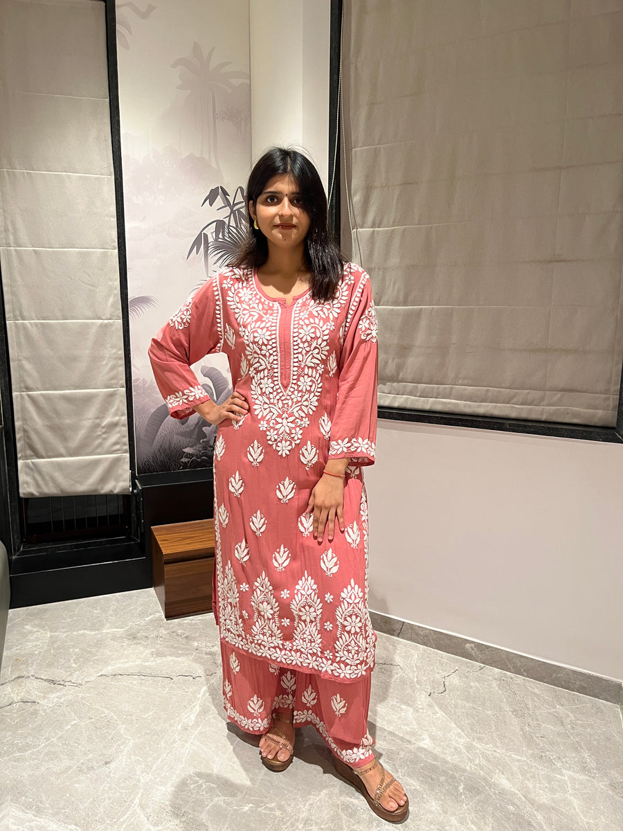 Onion Pink Modal Chikankari Kurta Palazzo Set for Women – photo 10