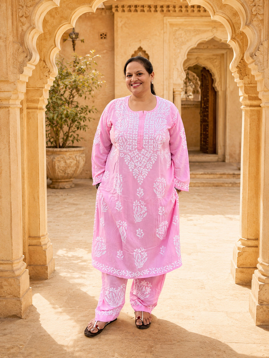 Pink Chikankari Kurta Palazzo Set for Women | Plus Size 48–54 | Hand Embroidered