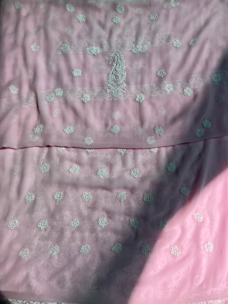 Baby Pink Chiffon Chikankari Unstitched Suitpiece with Mukaish Work – photo 3