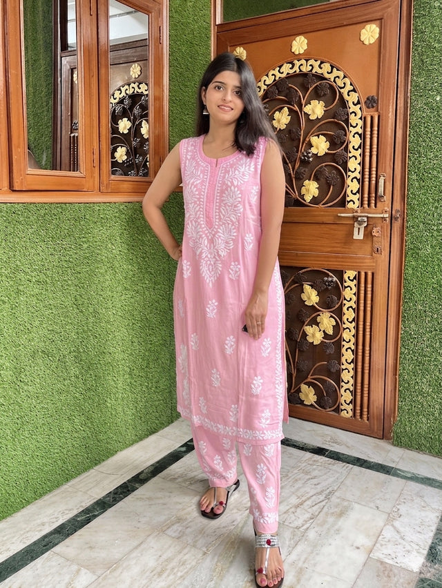 Onion Pink Sleeveless Rayon Chikankari Kurta Pant Set | Lucknow