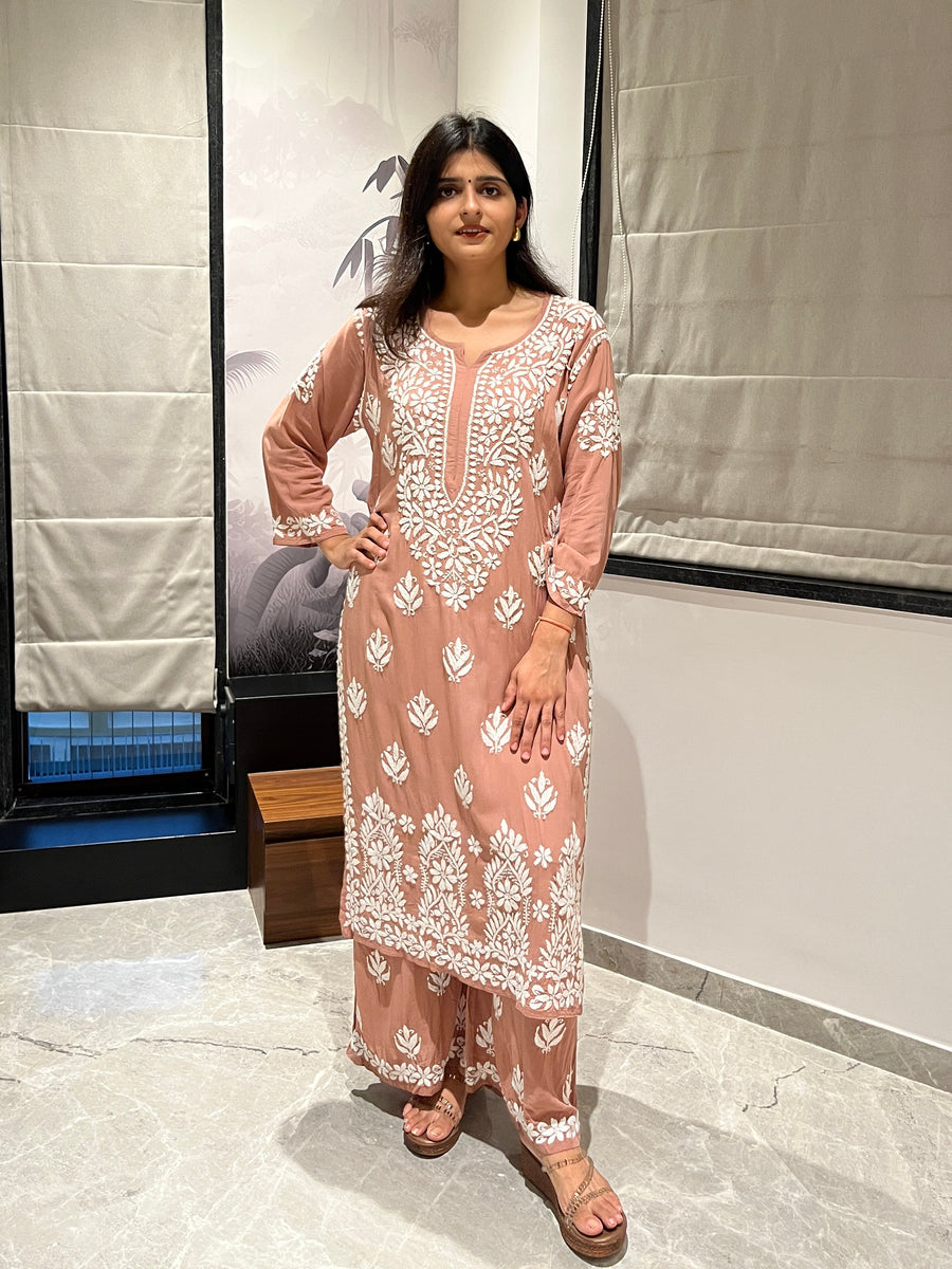 Mauve Modal Chikankari Kurta Palazzo Set for Women – photo 4