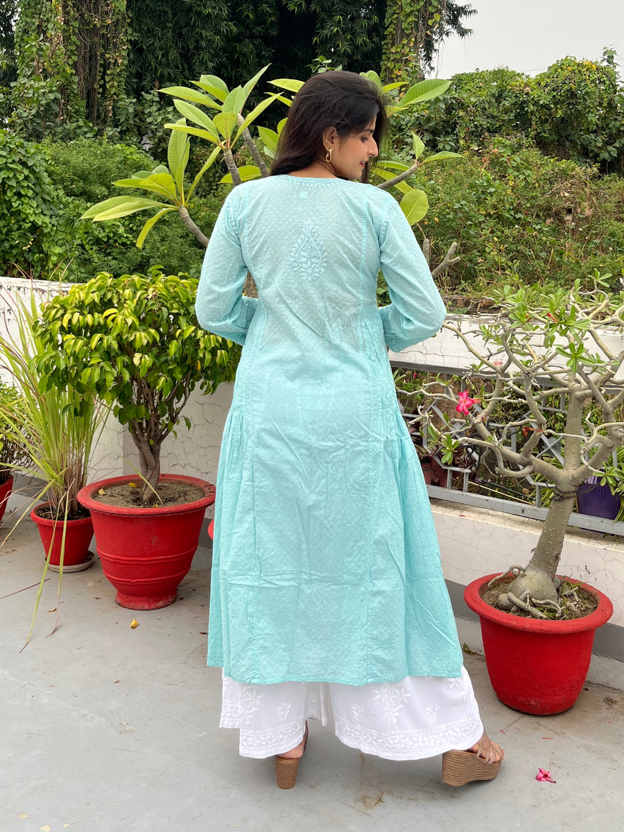 Pastel Green Cotton Dobby Chikankari Kurta for Women – photo 6