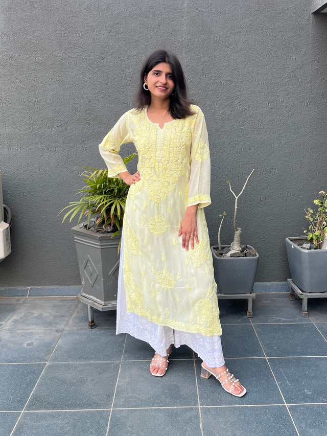 Red Muslin Chikankari Straight Kurta | Lucknowi