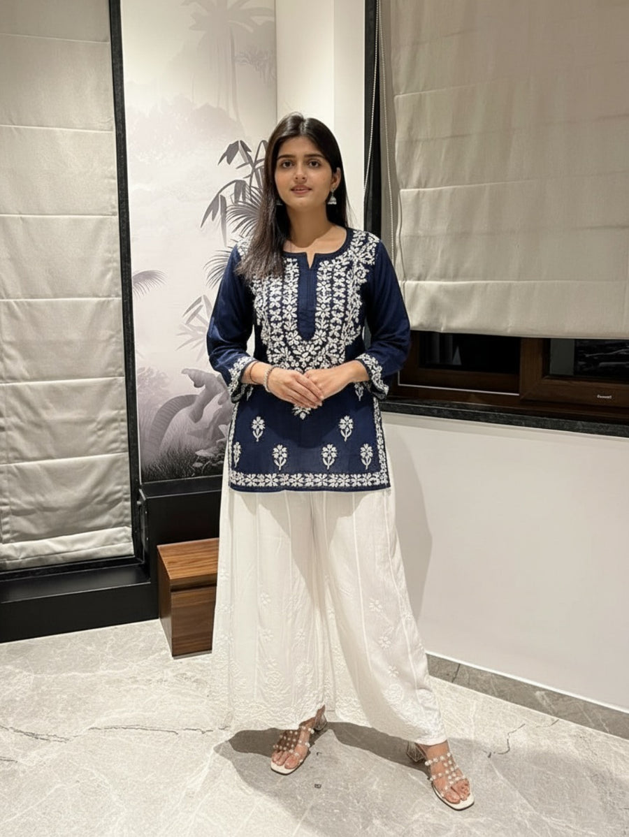 Teal Blue Modal Chikankari Straight Short Kurti | Lucknowi – photo 9