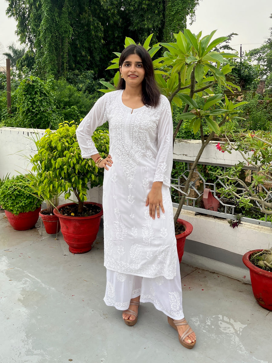Onion Pink Modal Chikankari Kurta Palazzo Set | Lucknowi – photo 4