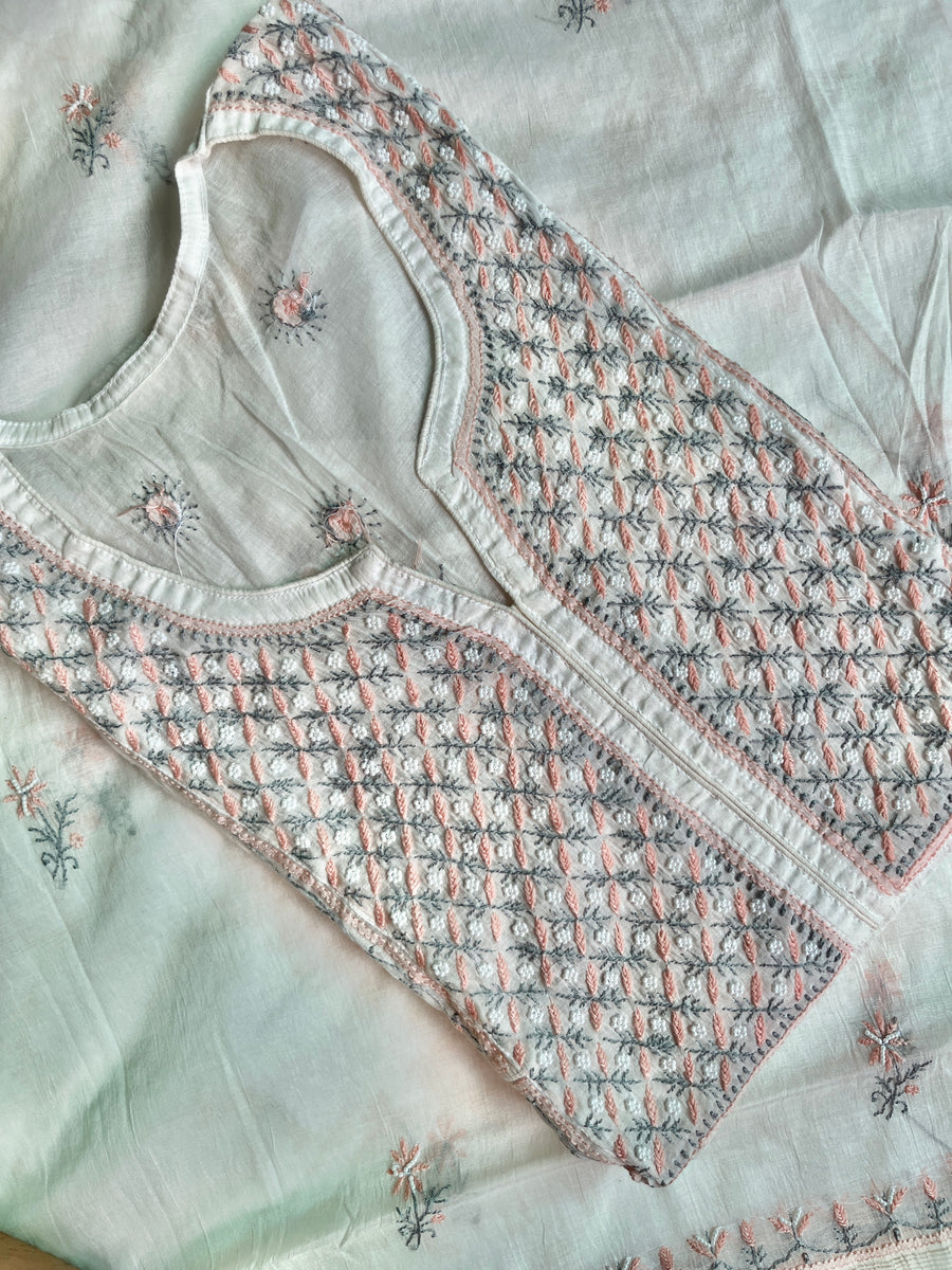 Ivory Mul Chanderi Chikankari Semi-Stitched A line Kurta Dupatta | Lucknowi – photo 2