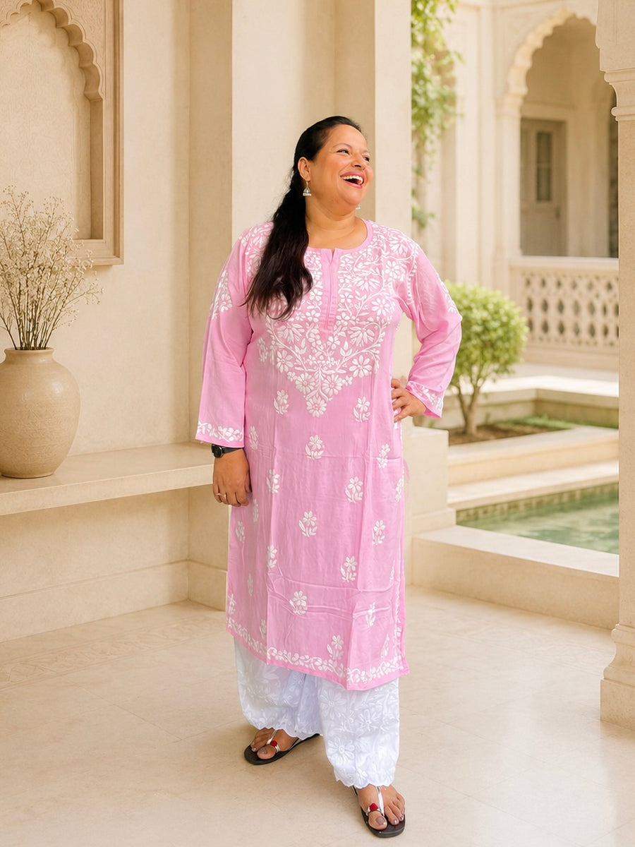 Pink Rayon Chikankari Kurta Plus Size 4XL-7XL | Lucknowi