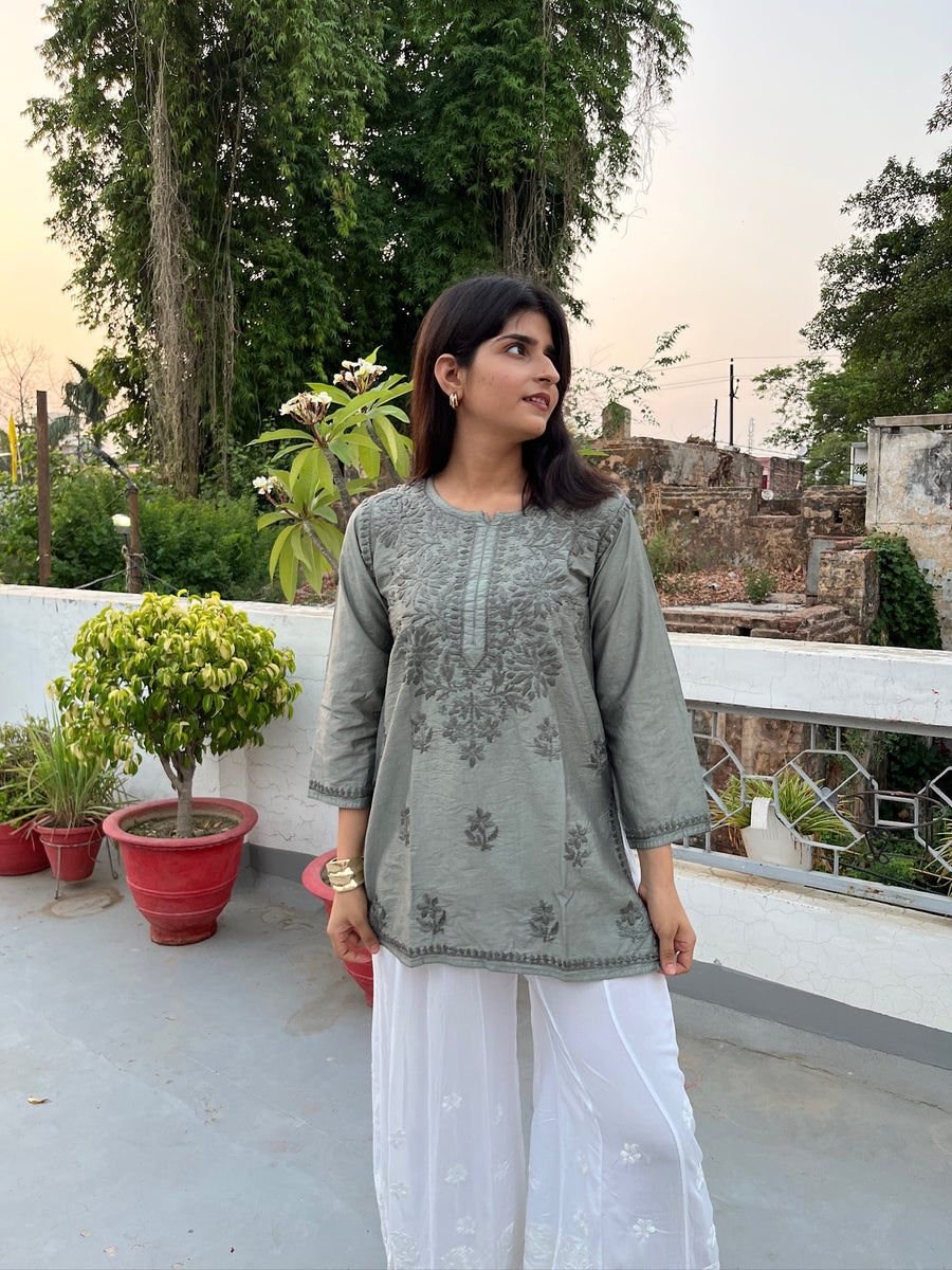 Pink Chanderi Chikankari Straight Short Kurti | Lucknowi – photo 6
