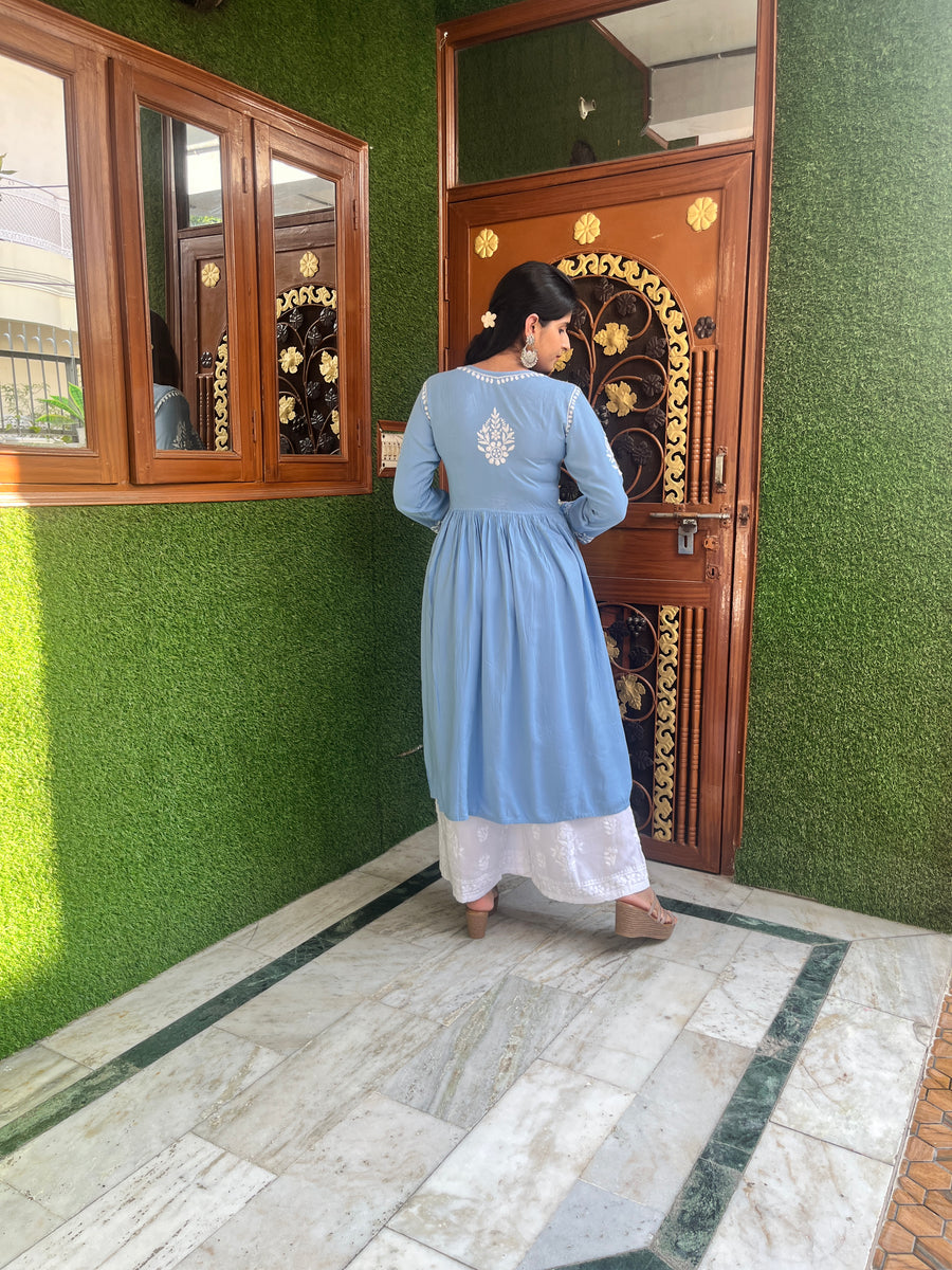 Baby Pink Rayon Chikankari Angarkha Kurti | Lucknowi – photo 4