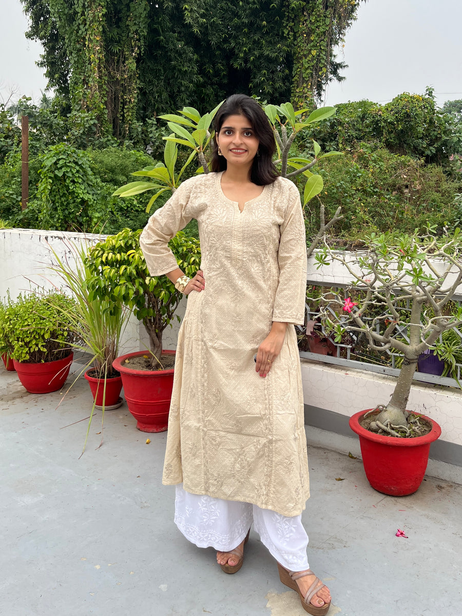 White Cotton Dobby A-Line Chikankari Kurta | Lucknowi – photo 10