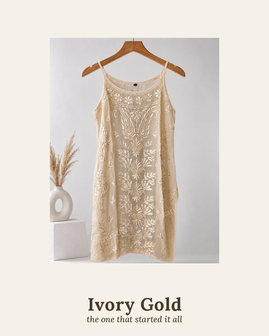 Ivory Noodle Strap Viscose Chikankari Short Kurti | Lucknowi