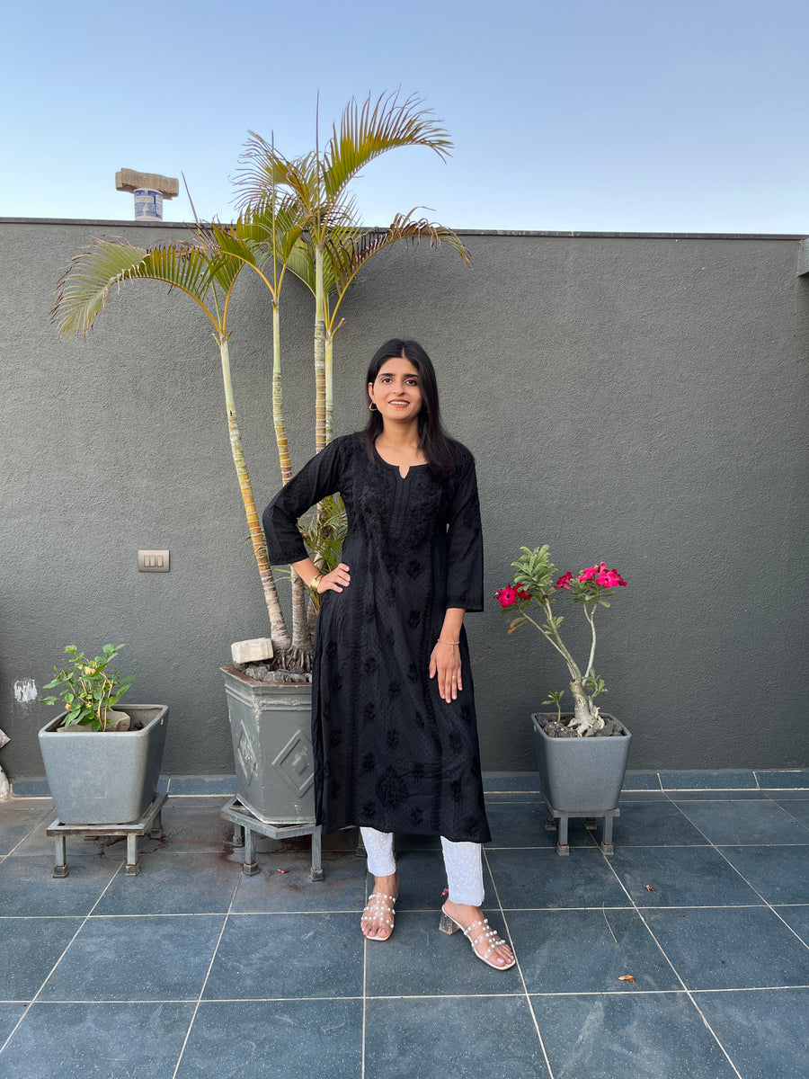 Black Cotton Dobby A-Line Chikankari Kurta | Lucknowi
