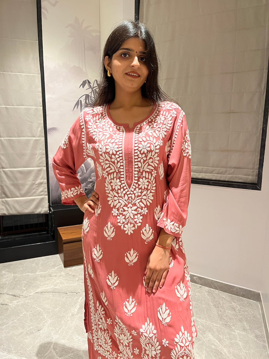 Baby Pink Modal Cotton Chikankari Kurta Palazzo Set for Women – photo 5
