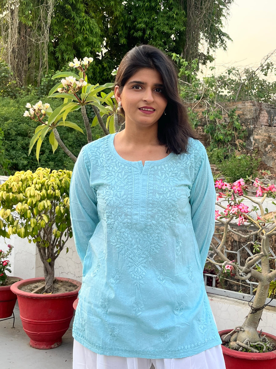 Pink Cotton Dobby Chikankari Short Kurti | Lucknowi – photo 8
