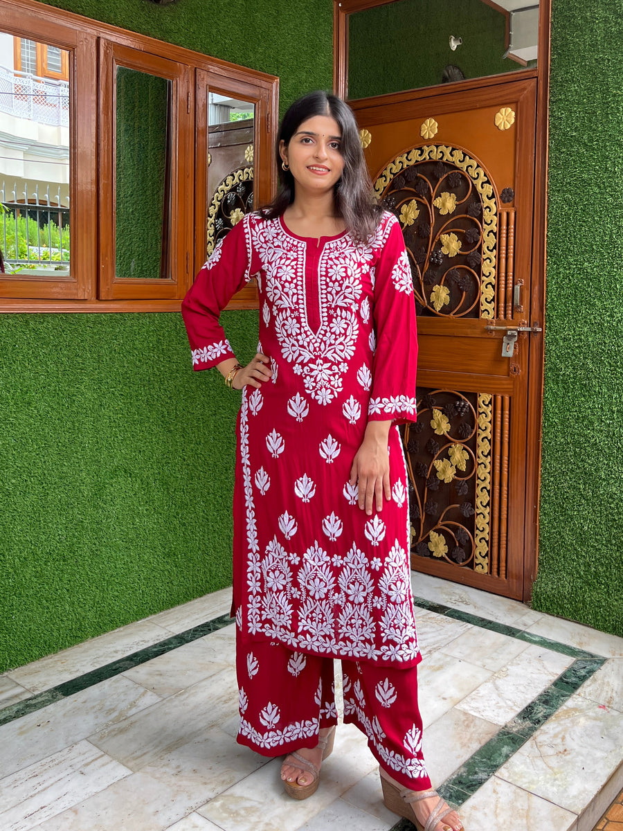 Maroon Modal Chikankari Kurta Palazzo Set | Lucknowi