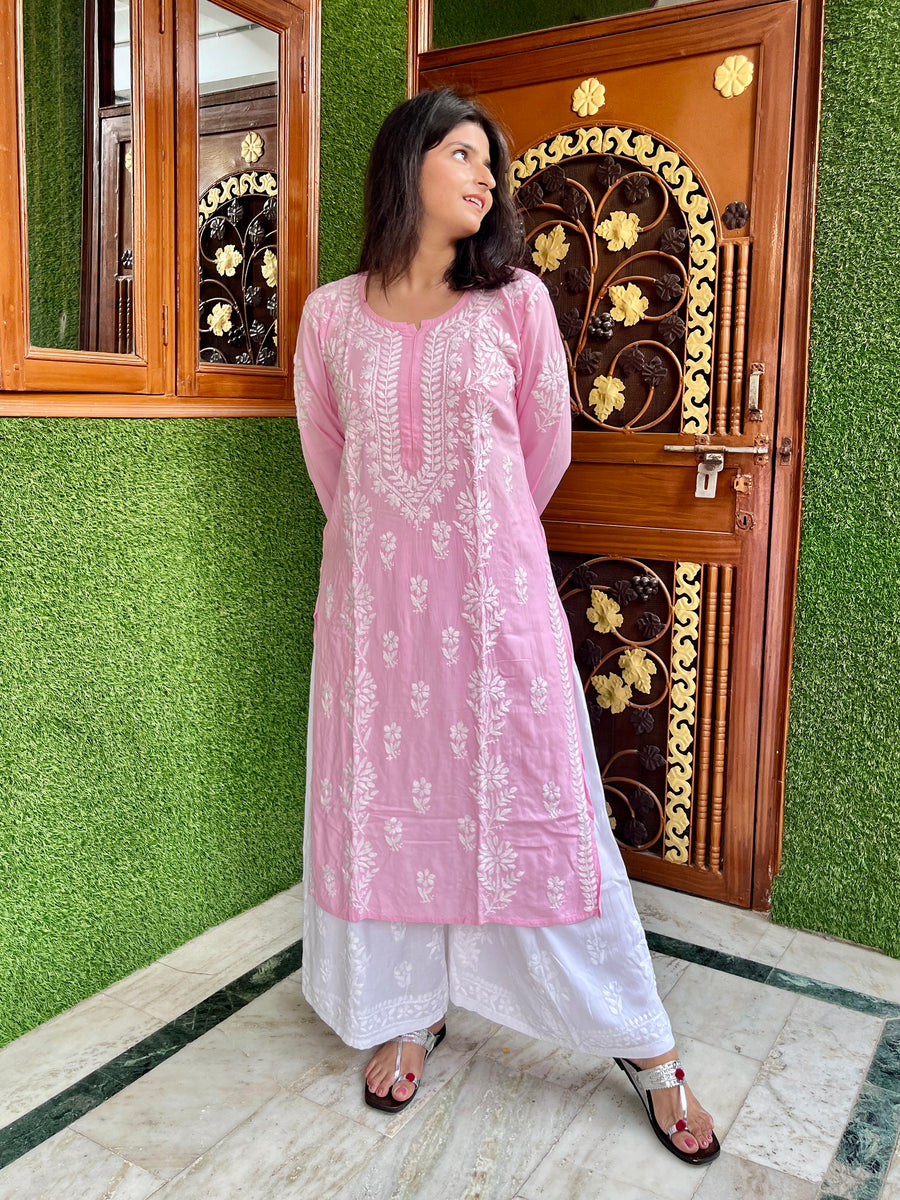 Pink Rayon Chikankari Straight Kurta | Lucknowi