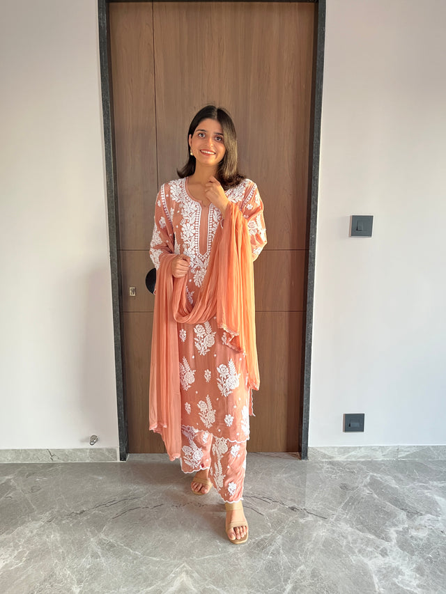 Expresso Brown Crepe Chikankari Kurta Palazzo Dupatta Set | Lucknowi