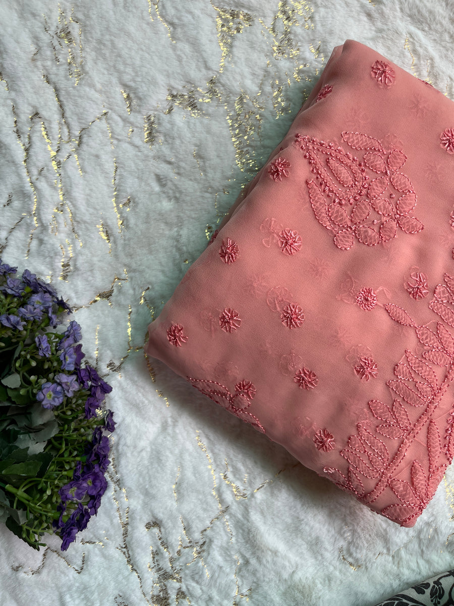 Peach Chiffon Chikankari Saree | Lucknowi – photo 2