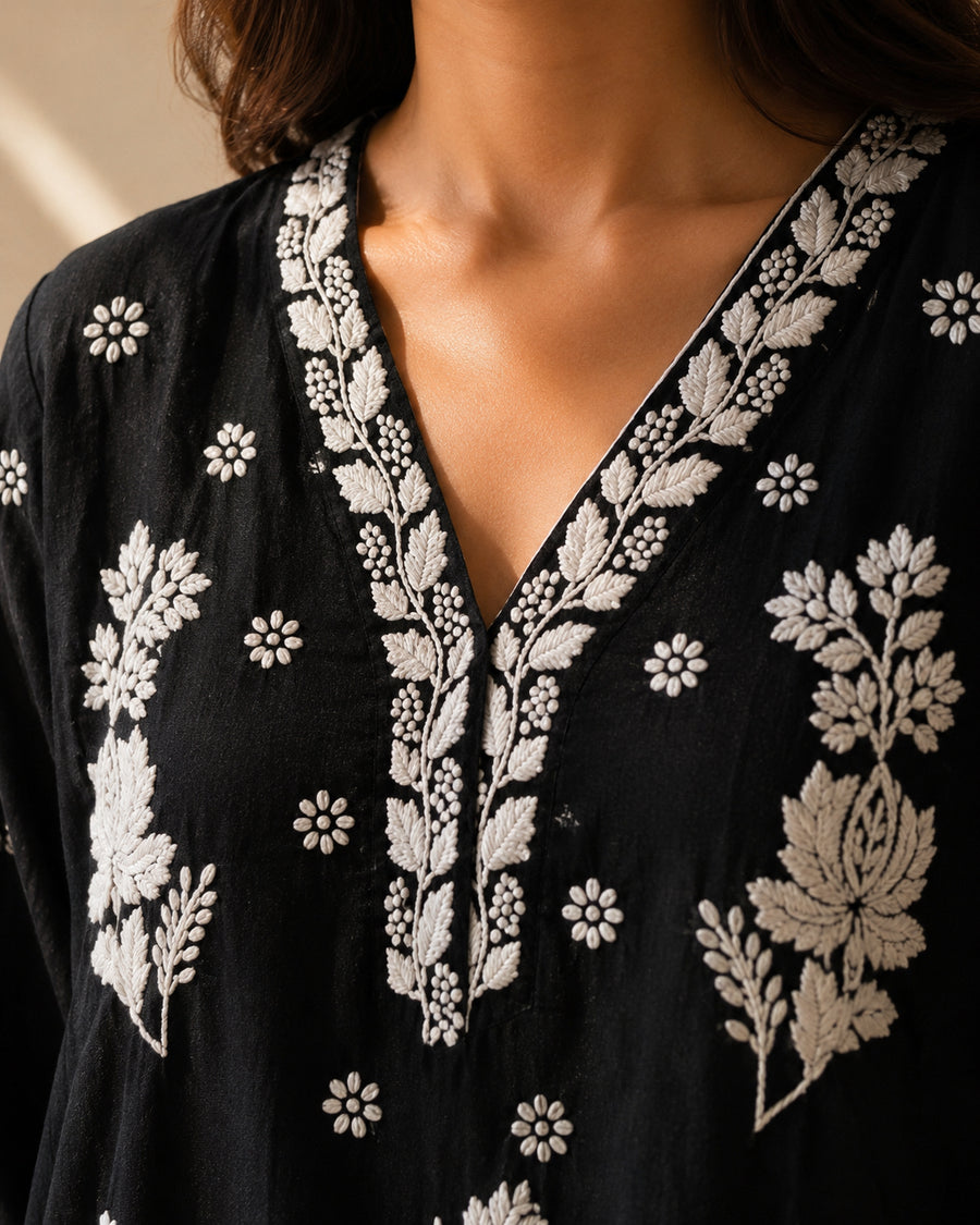 Black Modal Chikankari V-Neck Kurta Palazzo Set – photo 3
