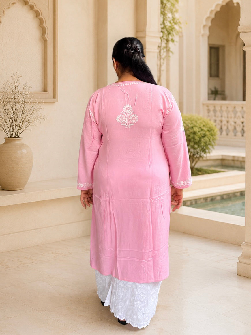 Pink Rayon Chikankari Kurta Plus Size 4XL-7XL | Lucknowi – photo 3