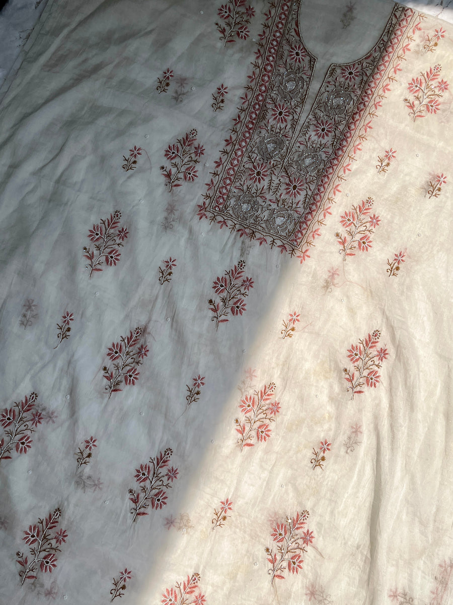 Ivory Mul Chanderi Chikankari Unstitched Kurta Dupatta | Lucknowi – photo 3