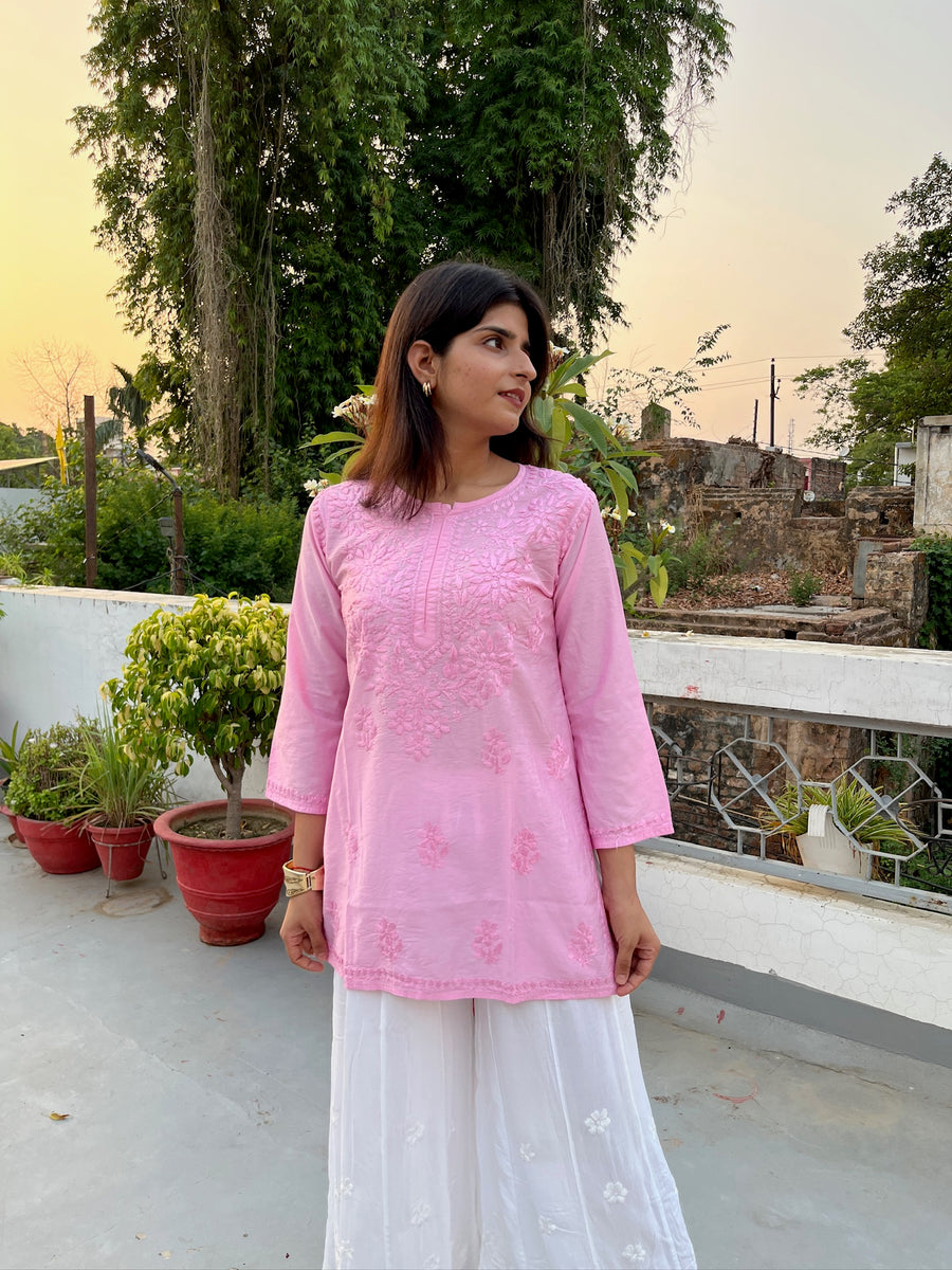 Pink Chanderi Chikankari Straight Short Kurti | Lucknowi – photo 8