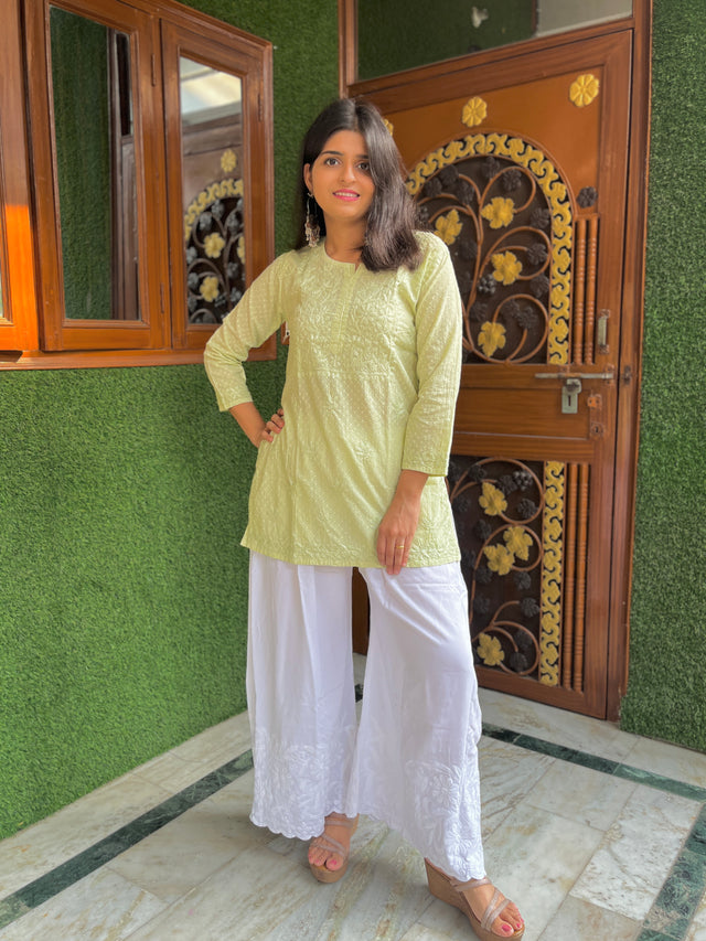Sage Green Cotton Dobby Chikankari Short Kurti | Lucknowi