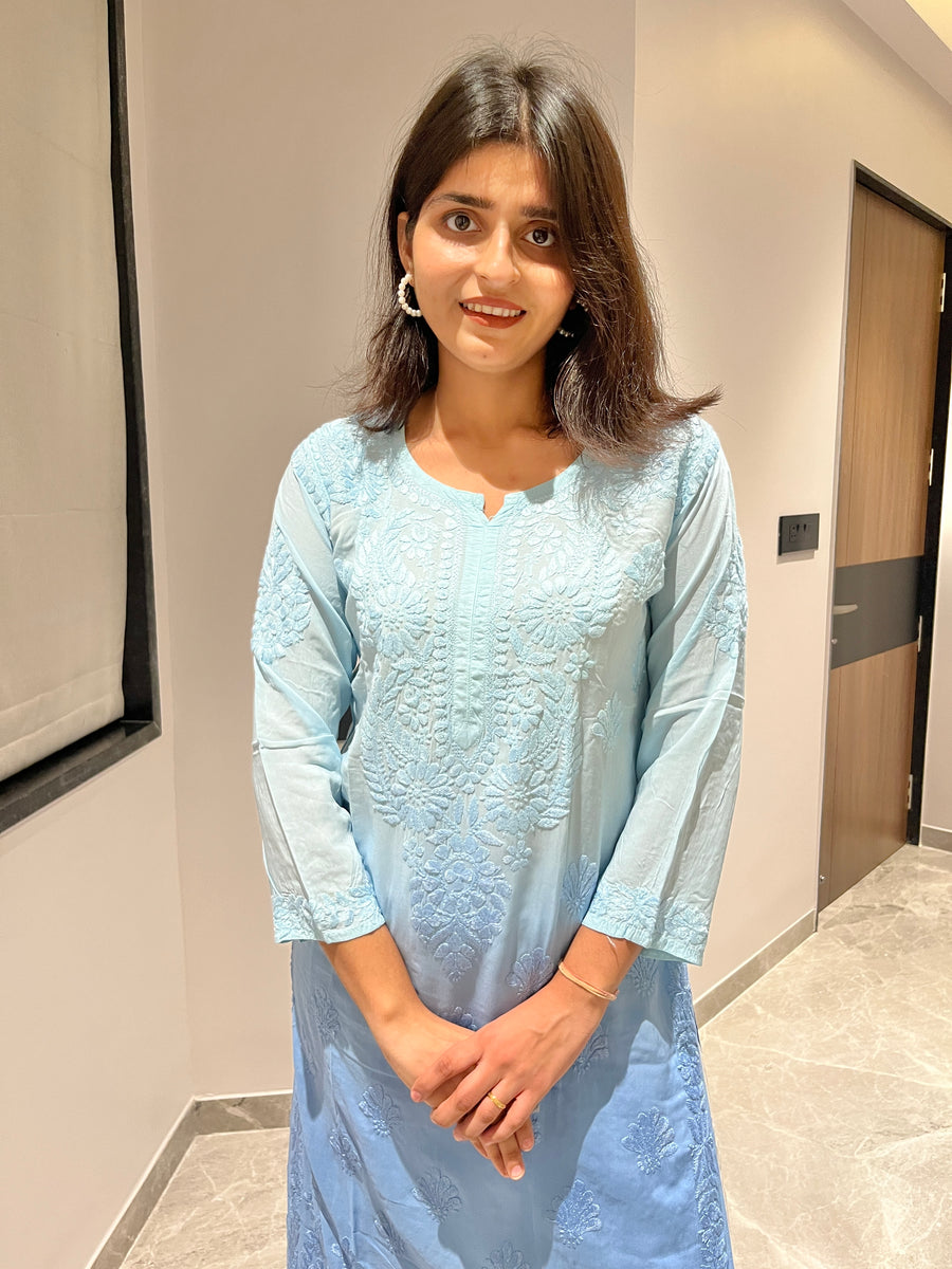 Pastel Blue Ombre Modal Chikankari Kurta | Lucknowi – photo 9