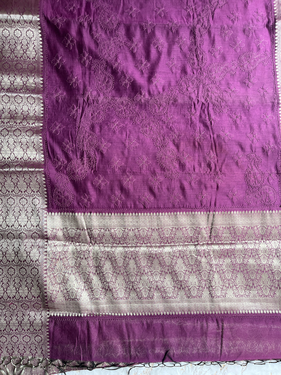 Wine Chanderi Chikankari Saree for Women – photo 4