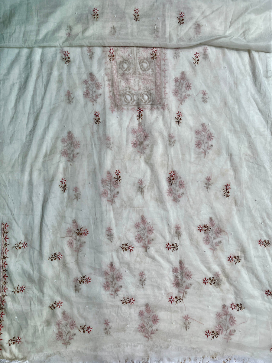 Ivory Mul Chanderi Chikankari Unstitched Kurta Dupatta | Lucknowi – photo 5