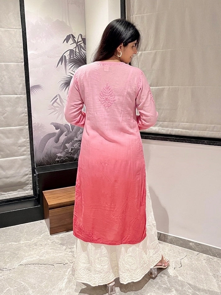 Peachy Pink Ombre Modal Chikankari Kurta – photo 2