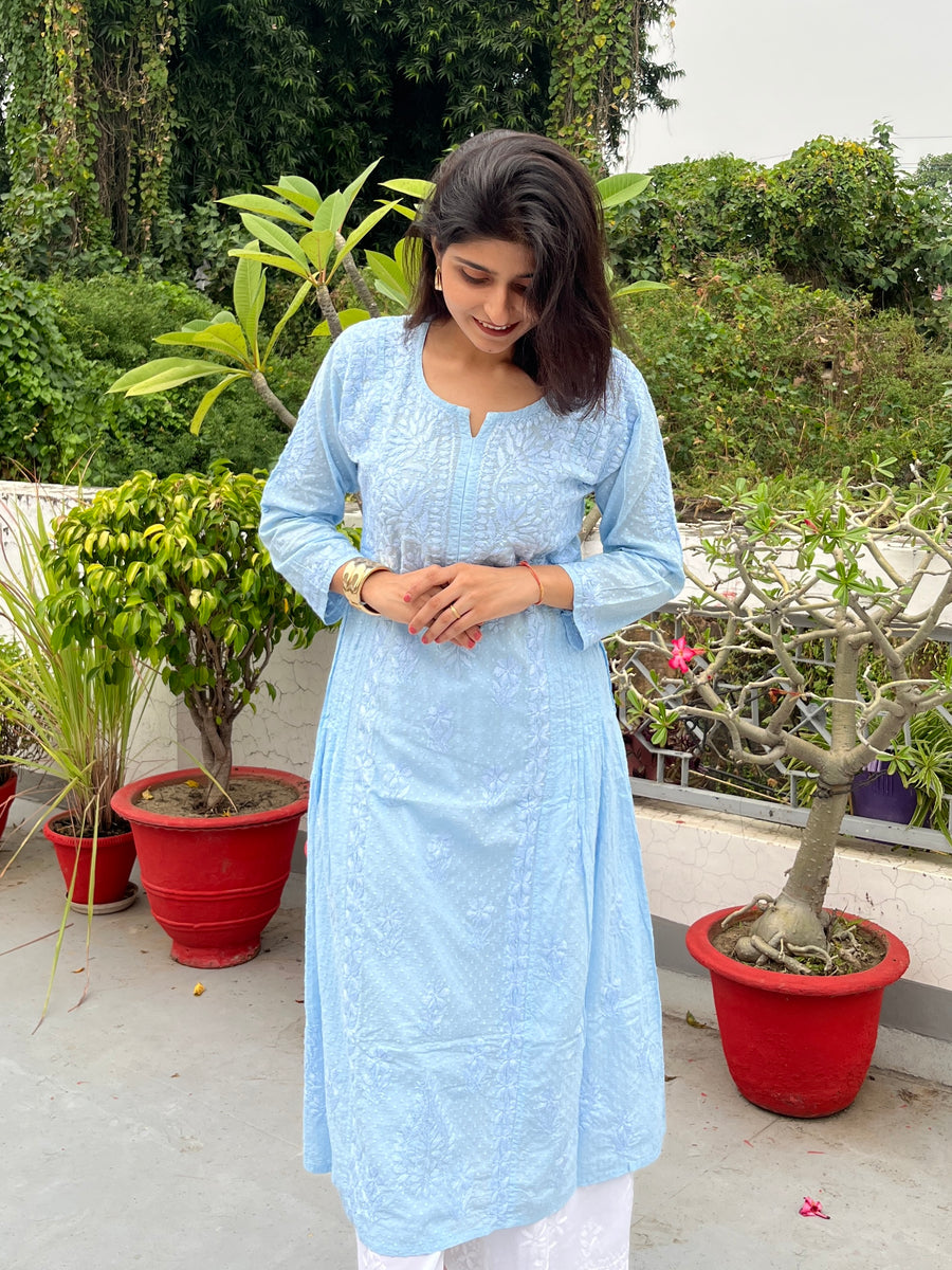 Pastel Blue Cotton Dobby Chikankari Kurta for Women – photo 14