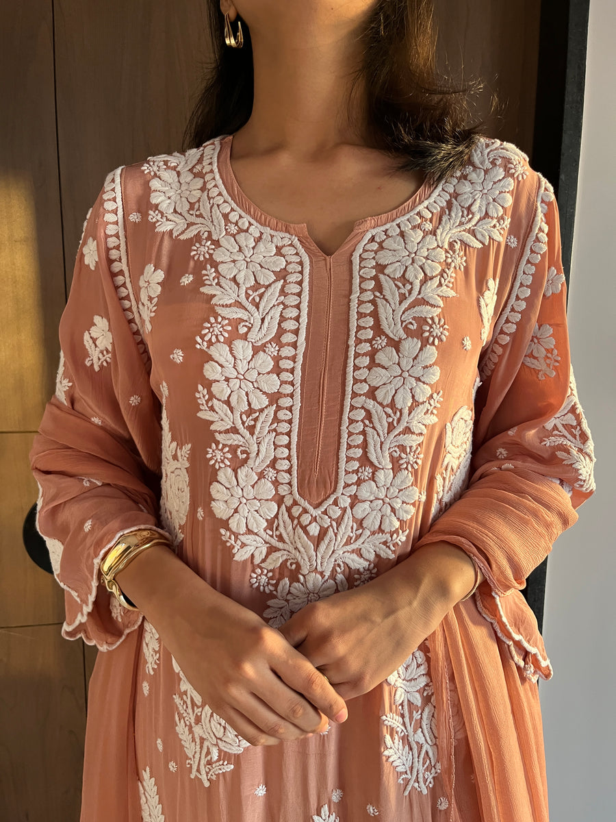 White Crepe Chikankari Kurta Palazzo Dupatta Set | Lucknowi – photo 13
