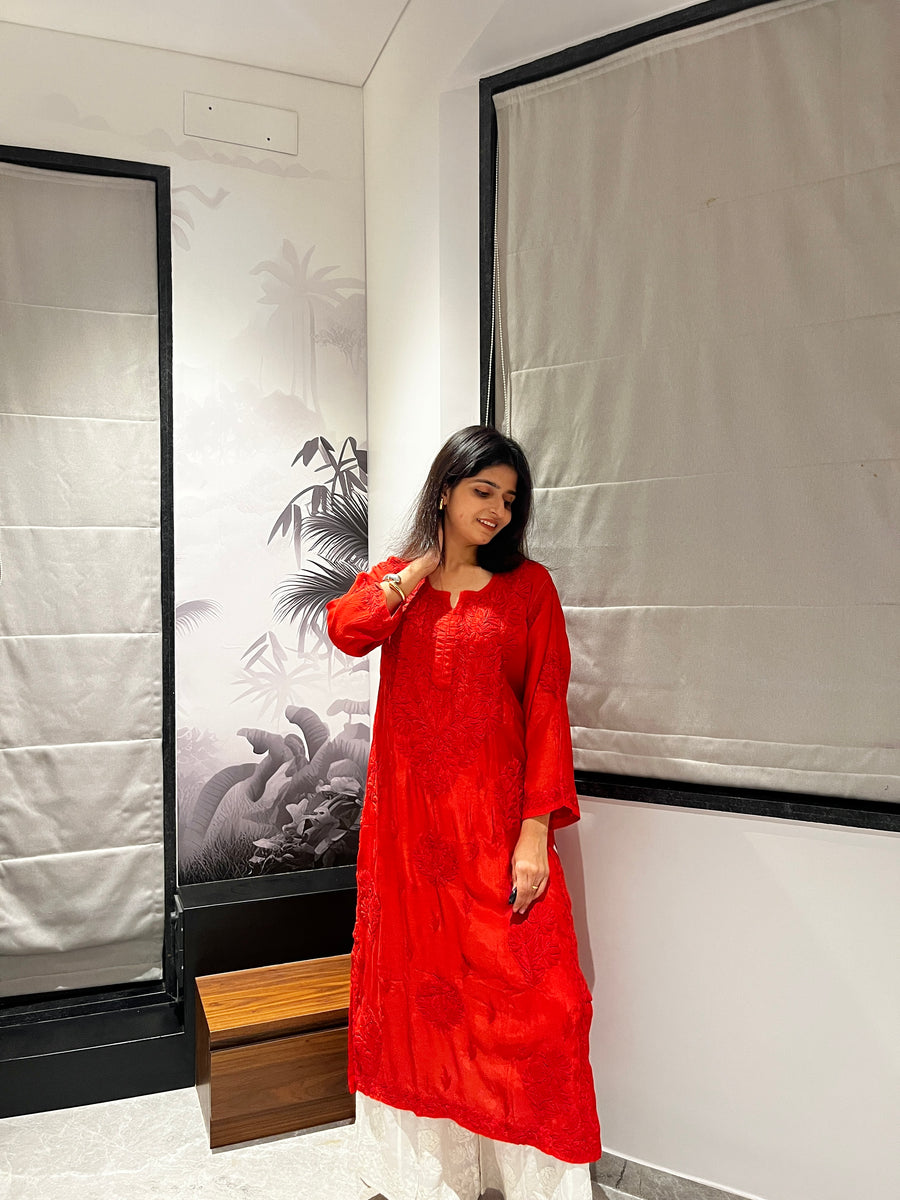 Red Muslin Chikankari Straight Kurta | Lucknowi – photo 3