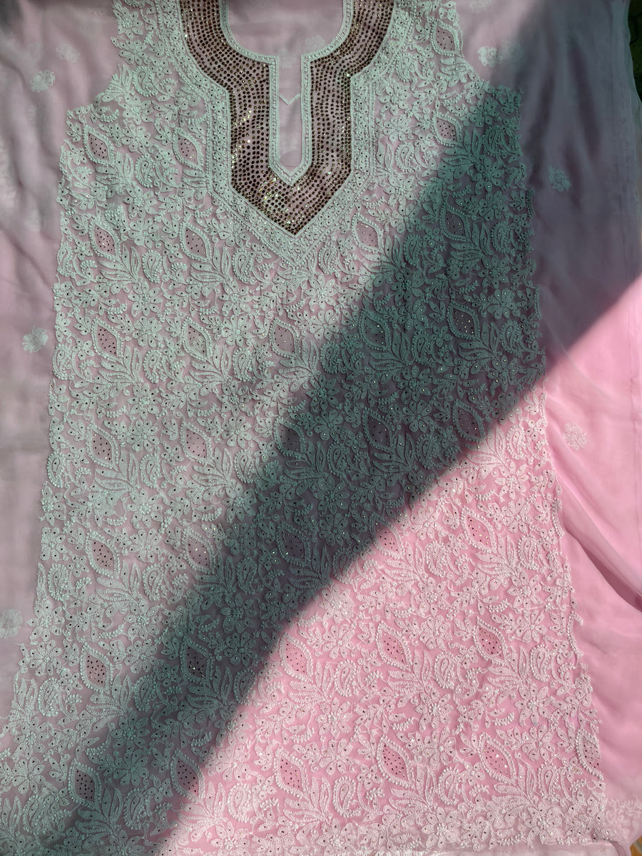 Baby Pink Chiffon Chikankari Unstitched Suitpiece with Mukaish Work – photo 2