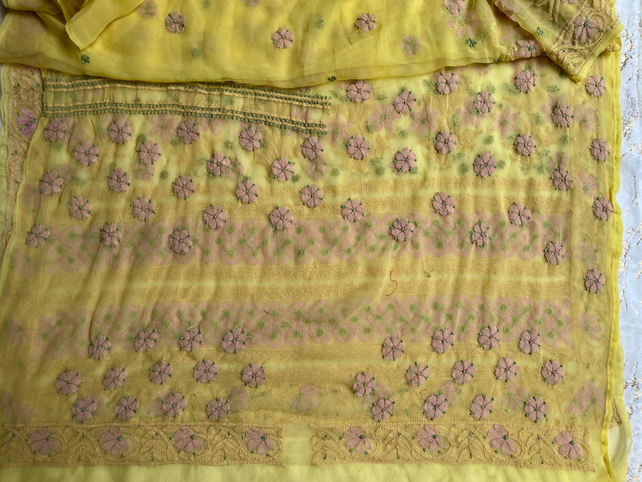 Yellow Pure Chiffon Chikankari Saree – photo 5