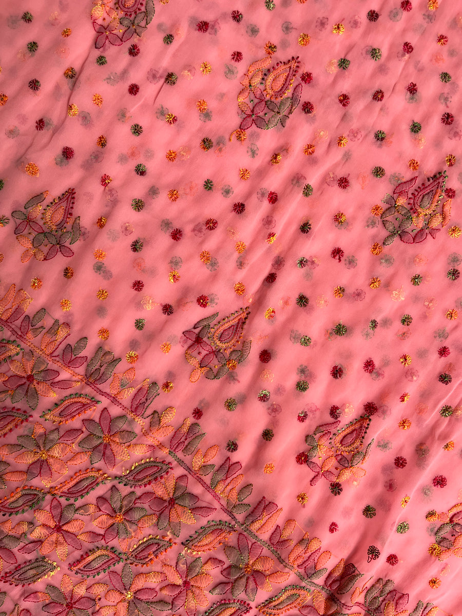 Pink Chikankari Chiffon Saree | Multi-Colour Resham Embroidery – photo 2