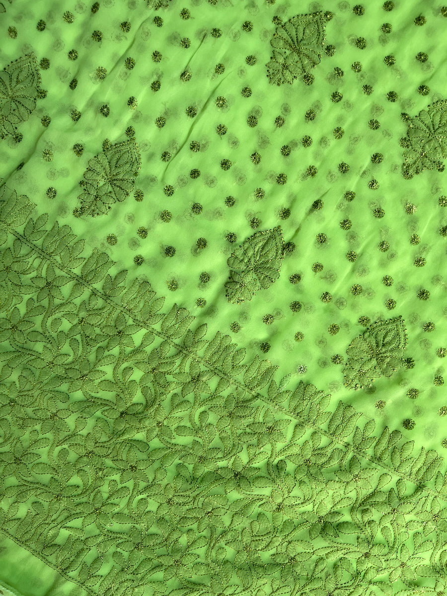 Green Chiffon Chikankari Saree | Lucknowi