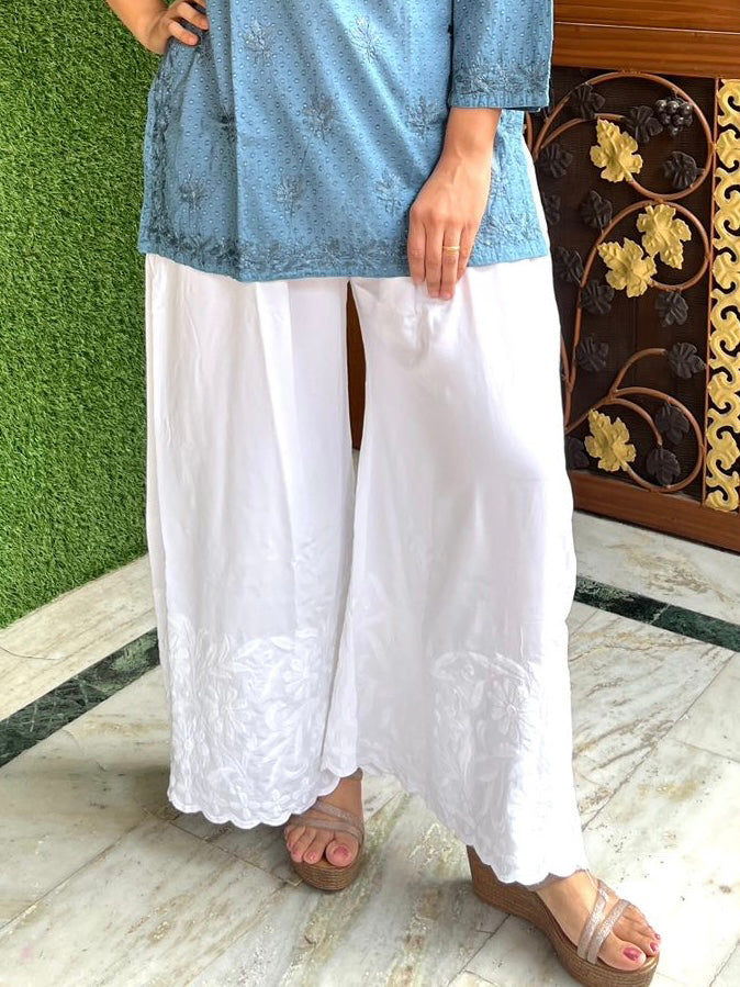 White Rayon Wide Leg Palazzo with Scallop Embroidery – photo 2