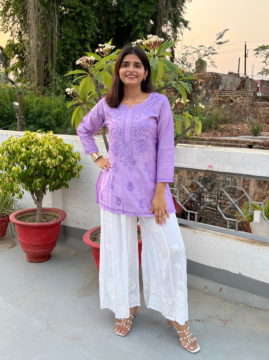 Pink Chanderi Chikankari Straight Short Kurti | Lucknowi – photo 3