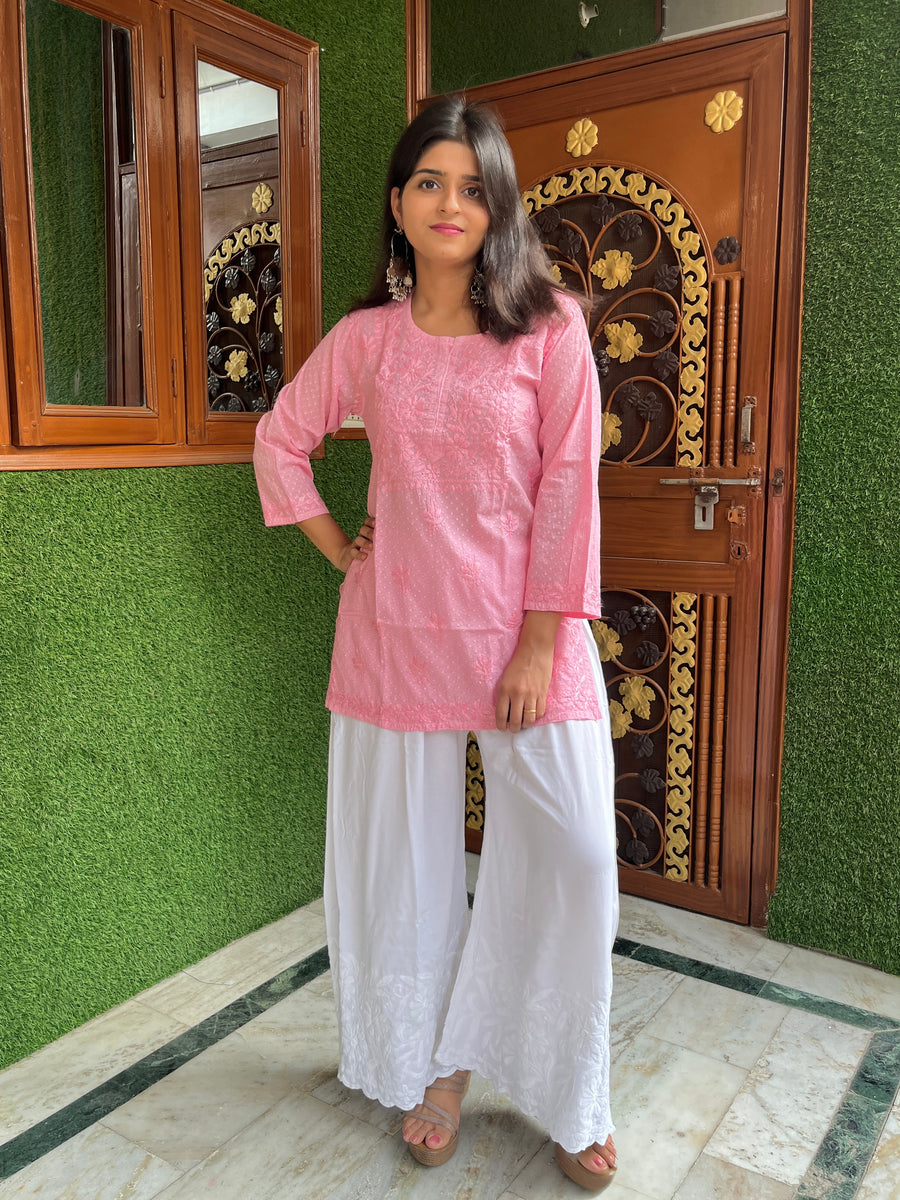 Baby Pink Cotton Dobby Chikankari Short Kurti | Lucknowi – photo 2