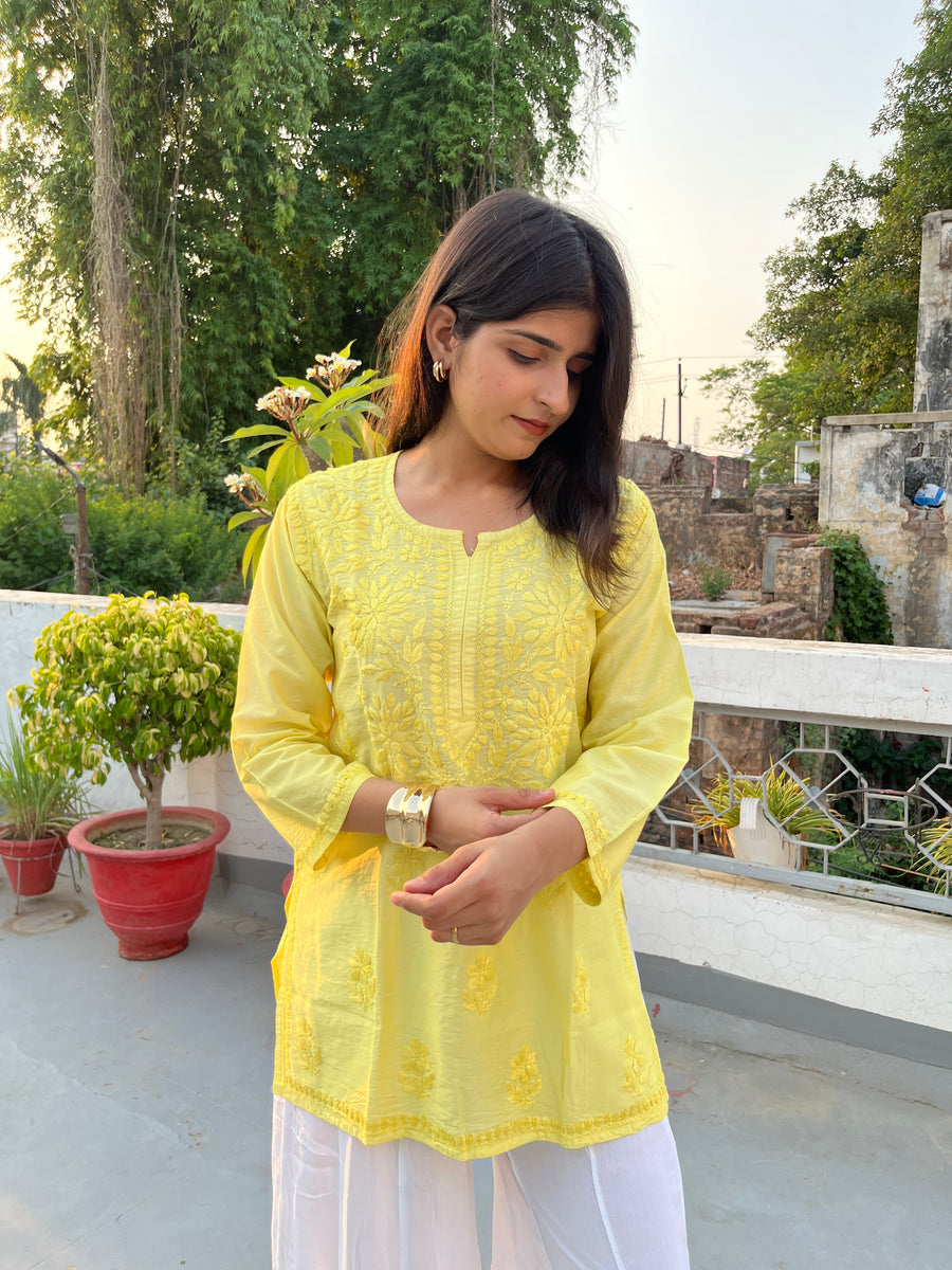 Pink Chanderi Chikankari Straight Short Kurti | Lucknowi – photo 12